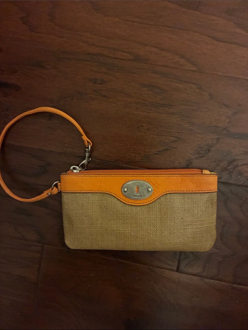 Fossil Tan Canvas Look Wristlet with Orange Leather Trim